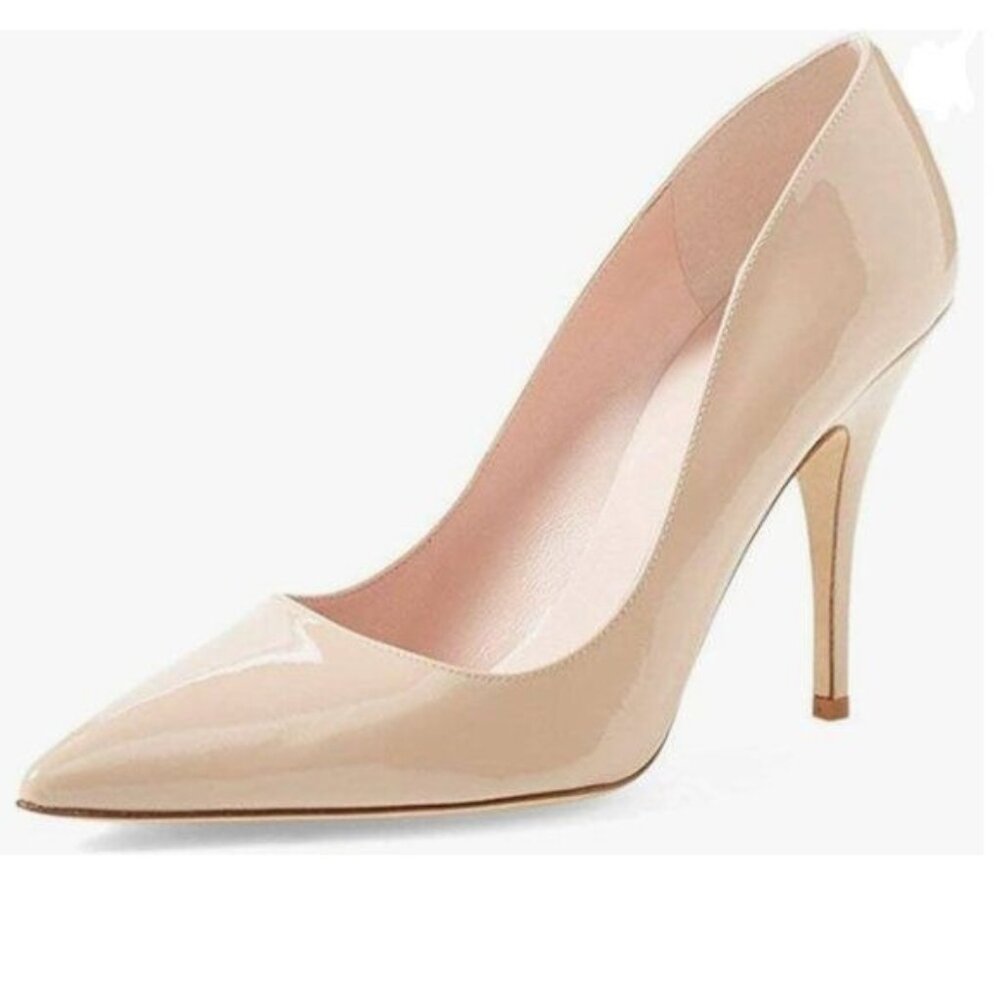 YDN Nude Pointed Closed Toe Mid Heel Pumps Slip on Stilettos Slide Dress Shoes